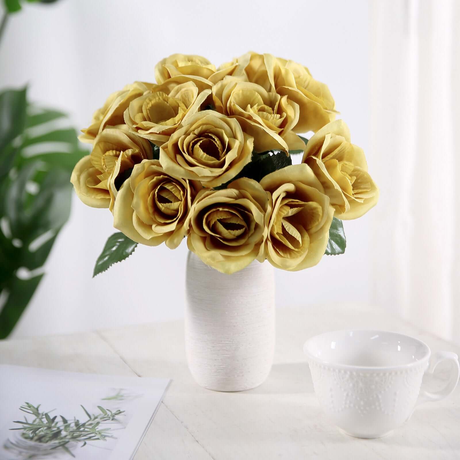 Gold Artificial Velvet-Like Fabric Rose Flower Bouquet Bush 12