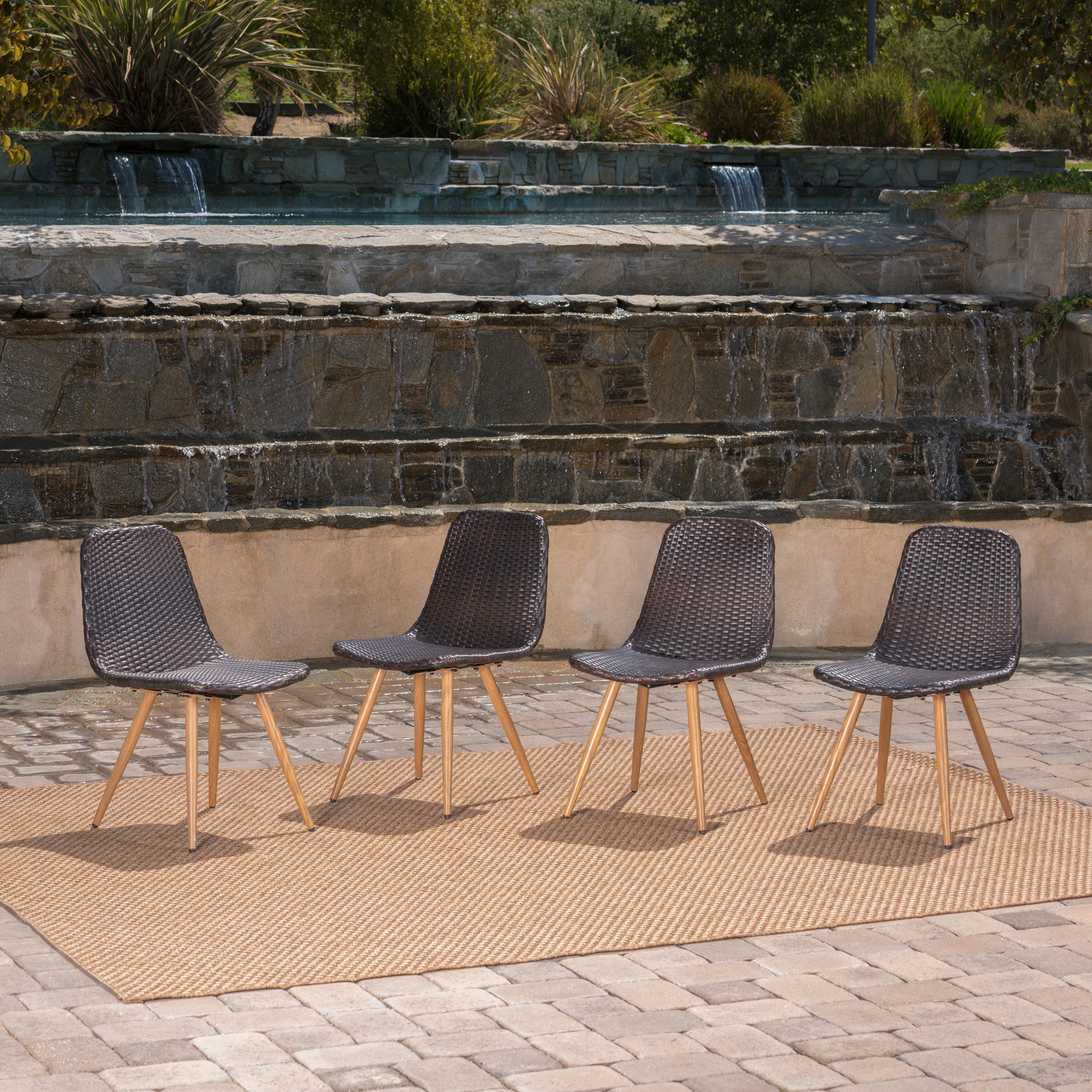 Gilda Outdoor Multi-Brown Wicker Dining Chairs With Wood Finished Metal Legs