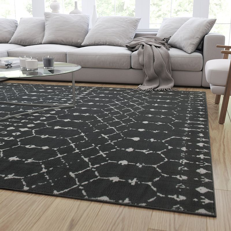 Merrick Lane Ivory Bohemian Low Pile Rug with Dark Gray Geometric Design - 8' x 10'