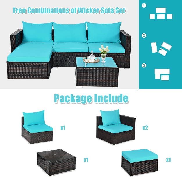 Costway 5pcs Patio Furniture Set Sectional Conversation Sofa Set W Coffee Table Blue