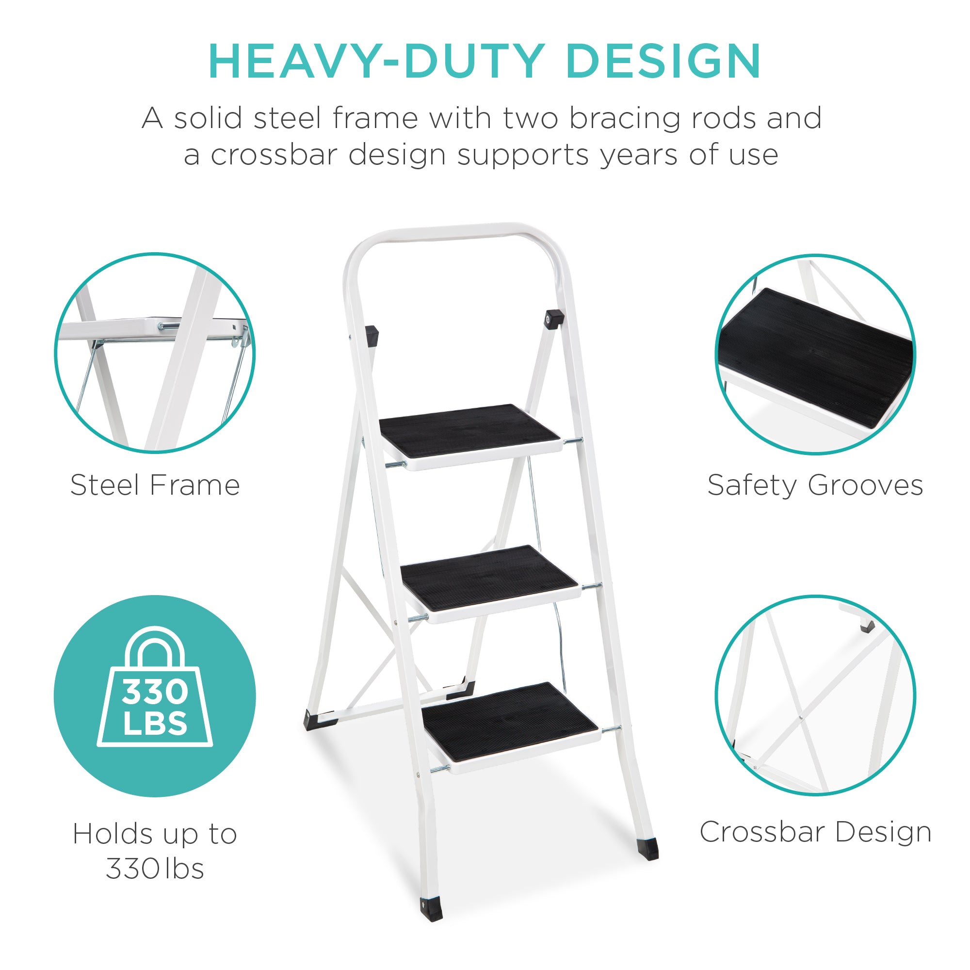 Best Choice Products 3-Step Steel Ladder, Folding Portable Step Stool w/ Non-Slip Feet, Rubber Pads, 330lb Capacity