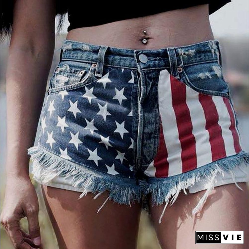 Flag Tassel Star Printed Denim Women's Shorts