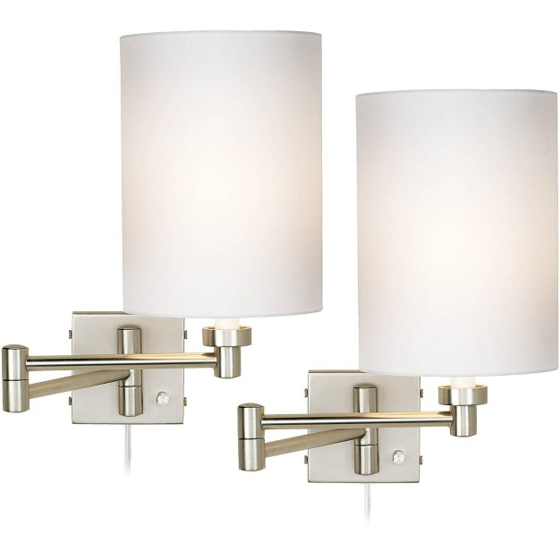 Possini Euro Design Modern Swing Arm Wall Lamps Set Of 2 Brushed Nickel Plug in Light Fixture Cylinder Shade For Bedroom Bedside