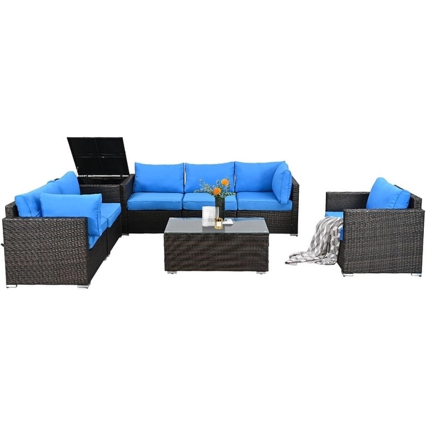 8Pieces Brown Wicker Outdoor Sectional Set with Glass Coffee Table