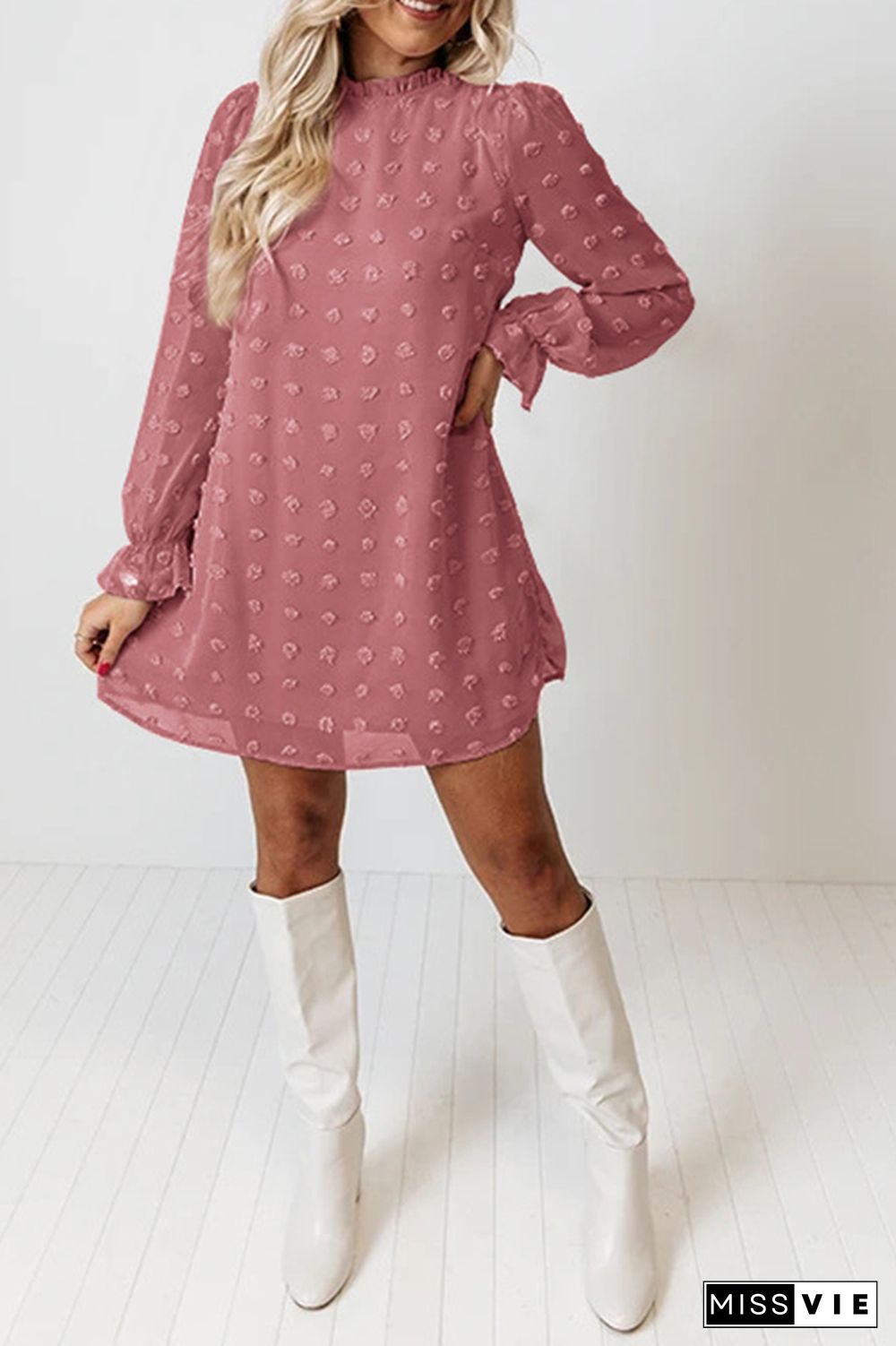 Sweet Chiffon Jacquard Bubble Long Sleeves Mini Dress Wholesale