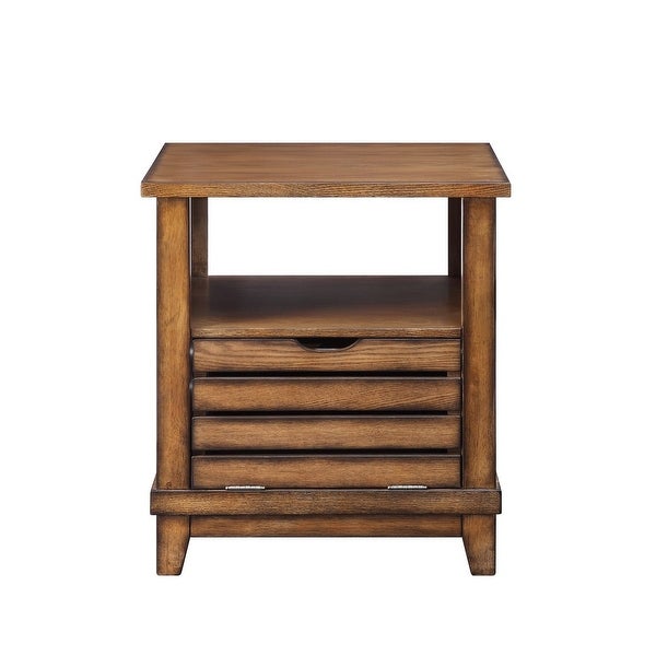 Transitional Style Gabriella End Table with Open Compartment and Drop-Down Doors， Oak