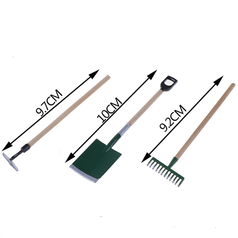 3psc/Set Metal Garden Spade Rake Tools For Dolls House Miniatures Accessories