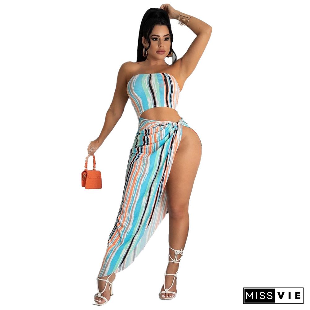 Fashion Beach Tie Dye Stripes Print Women Sexy Strapless Crop Tops Maxi Skirts Summer 2 Piece Set