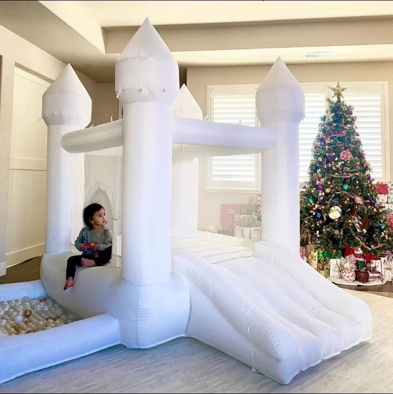 Connsann White Bounce House with Air Blower White Bouncy Castle with Slide and Ball Pit for Home Birthday Party Gift for Kids/Toddler (9x9FT White)