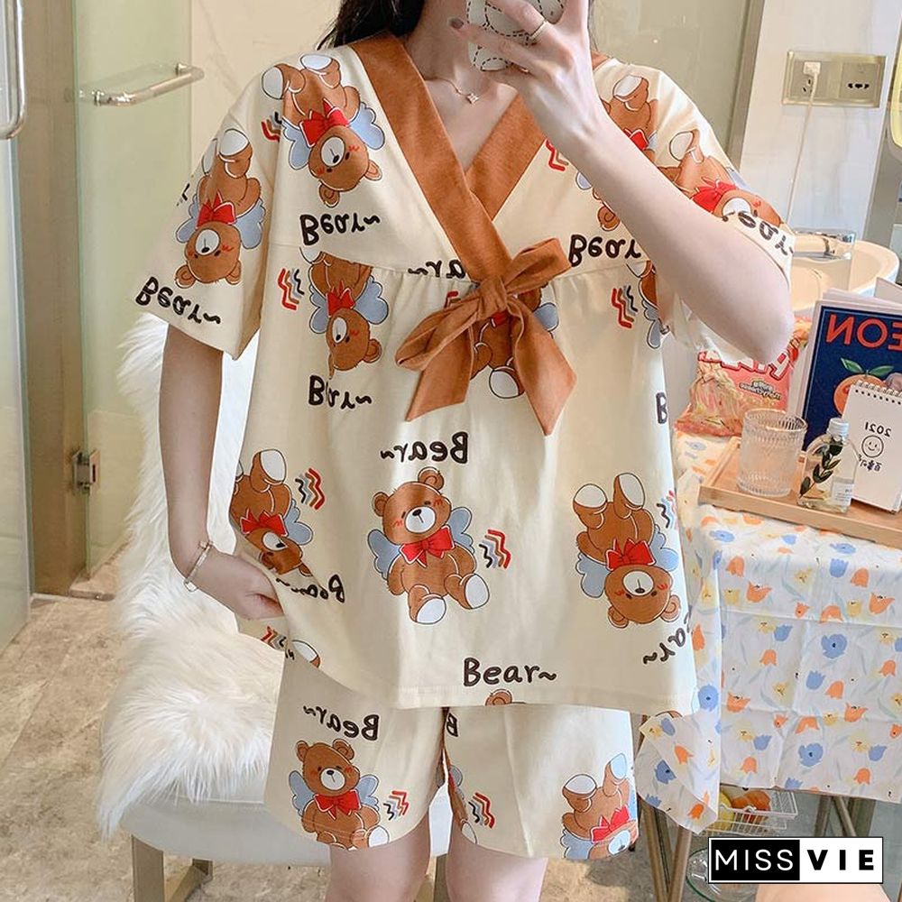 Cute Cartoon Bear Print T-shirt Shorts Pajamas Two Pieces Set