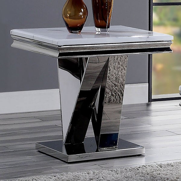 Furniture of America Kaliki Glam Chrome 23-inch Faux Marble Side Table