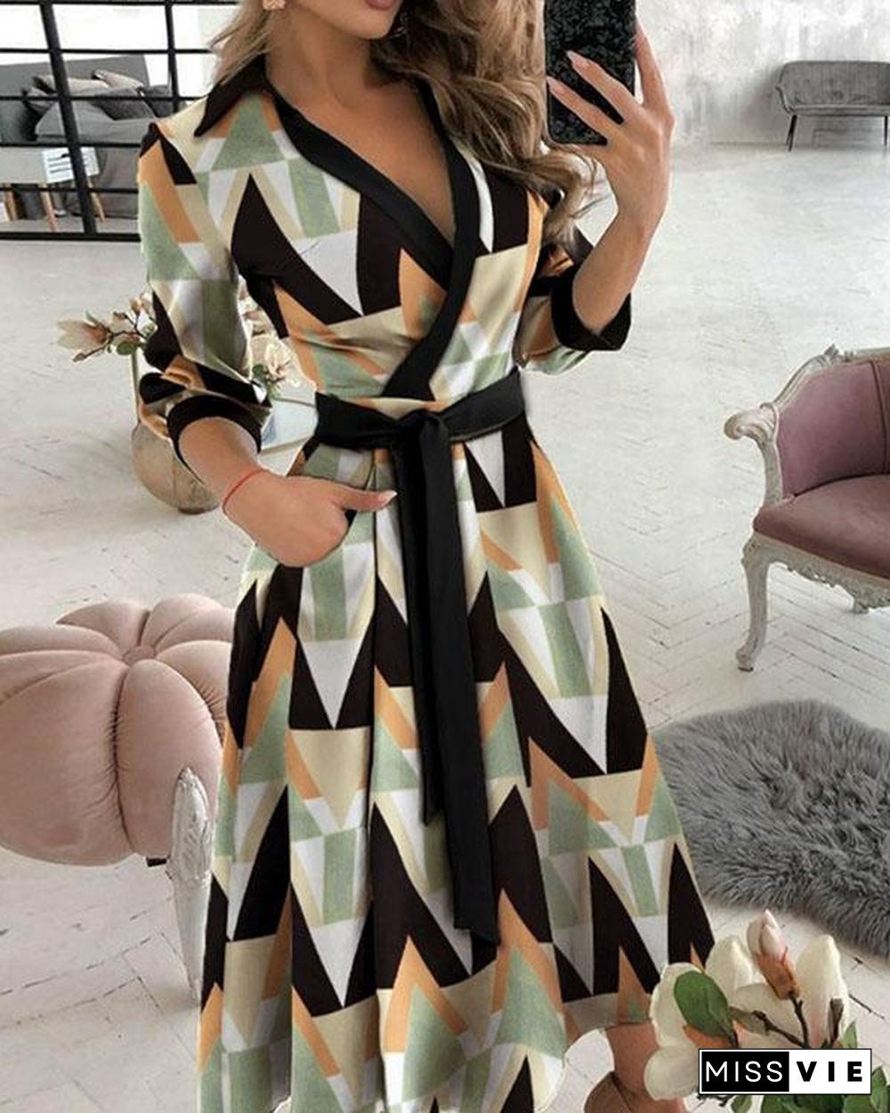 Elegant Print V Neck 3/4 Sleeve Wrap Midi Dresses