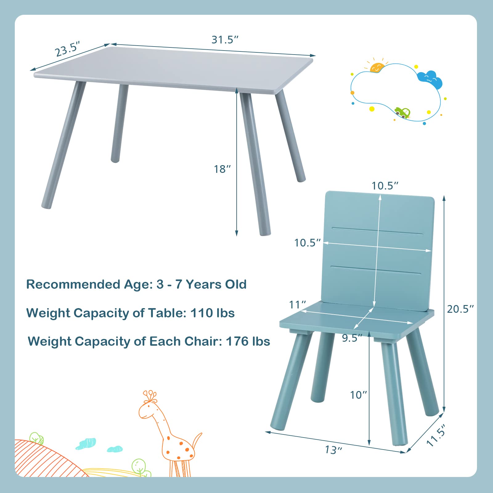 Costzon Kids Table and Chair Set, 5-Piece Toddler Table & 4 Chairs, (Grey, Blue)