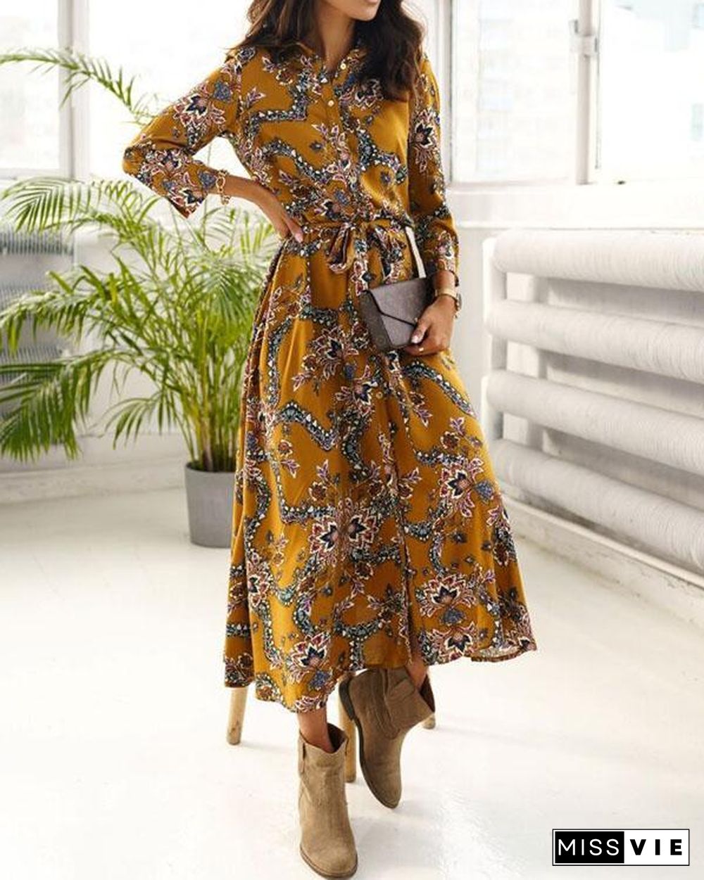 Spring Summer Button Bandage Waist Print Shirt Dresses With Belt