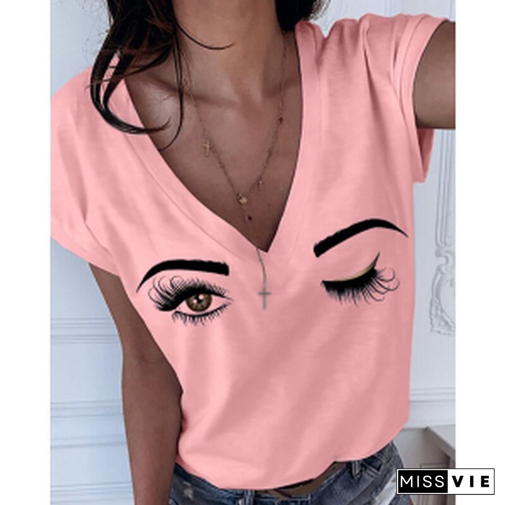 Fashion New Casual Tops Graphic Tshirts FemaleSummer Eyebrows Eye Print Short Sleeve V-neck Women T-shirt