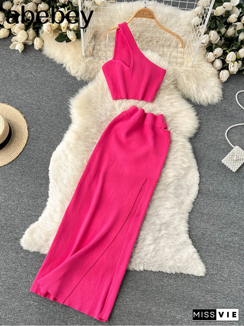 Purple Summer Women Solid 2 Piece One Shoulder Crop Top Tanks Slit Midi Skirt Set Bodycon Sexy Party Elegant Outfit