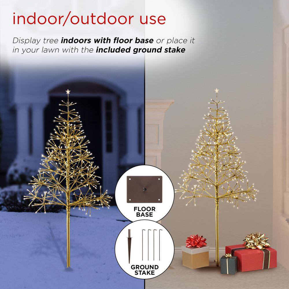 Alpine Corporation 53/61 in. Tall Indoor/Outdoor Artificial Christmas Tree with Warm White LED Lights, Gold CRD111S-GD