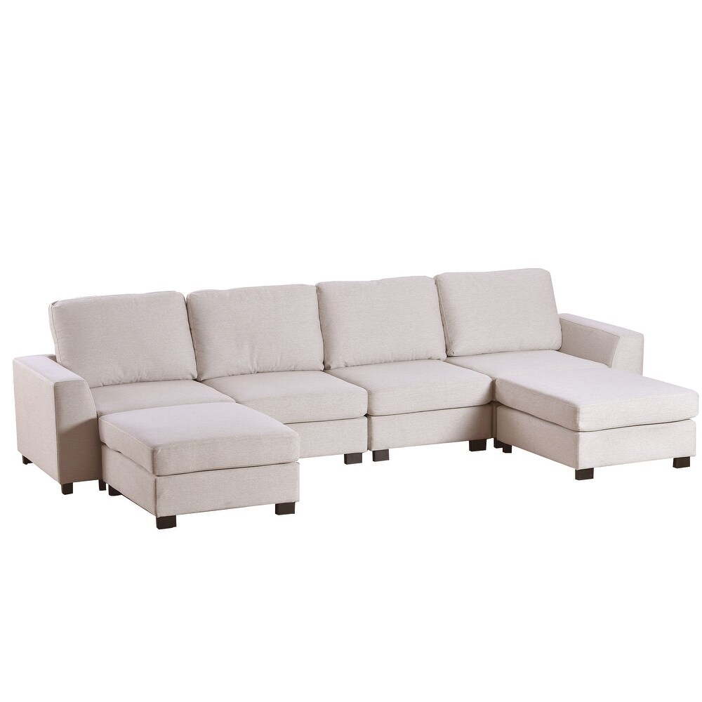 U_style 3 Pieces Sets U Shaped 4 Person Fabric Sofa Chaise Upholstered Sectional Sofa with Removable Ottomans and 2 Footrests