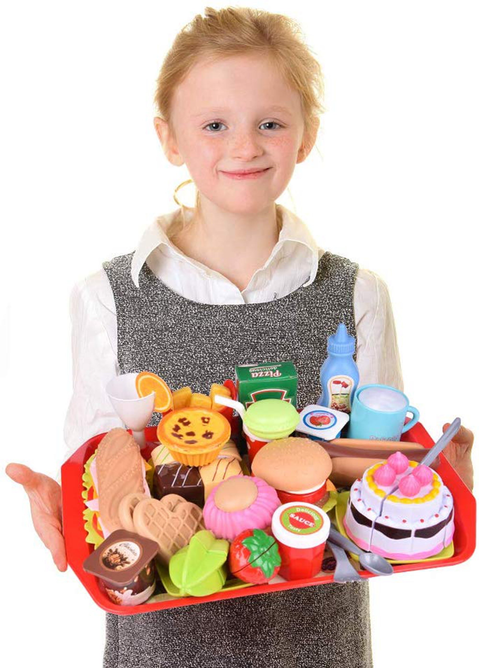 Fun Little Toys 49 Pcs Play Food for Kids Kitchen, Toy Foods with Cutting Fruits, Cake and Fast Food for Pretend Play