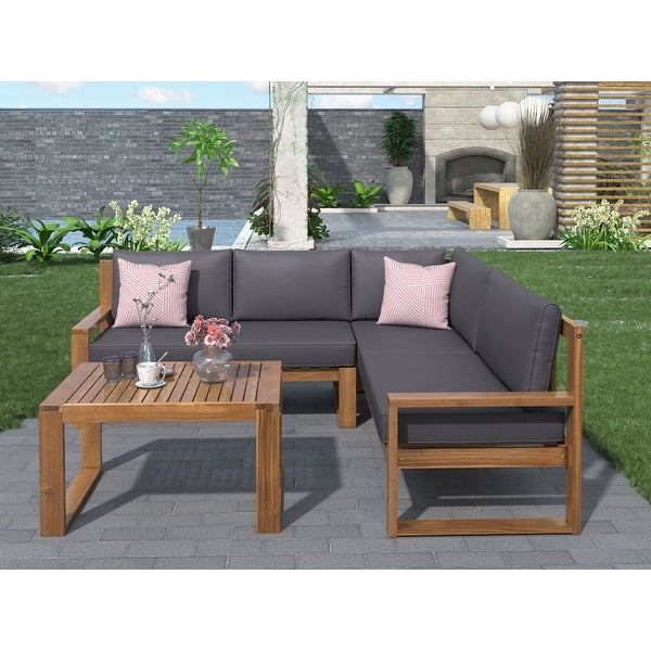 3-Piece Wood Patio Sectional Sofa Set with Coffee Table and Soft Thick Cushions - Overstock - 35972586