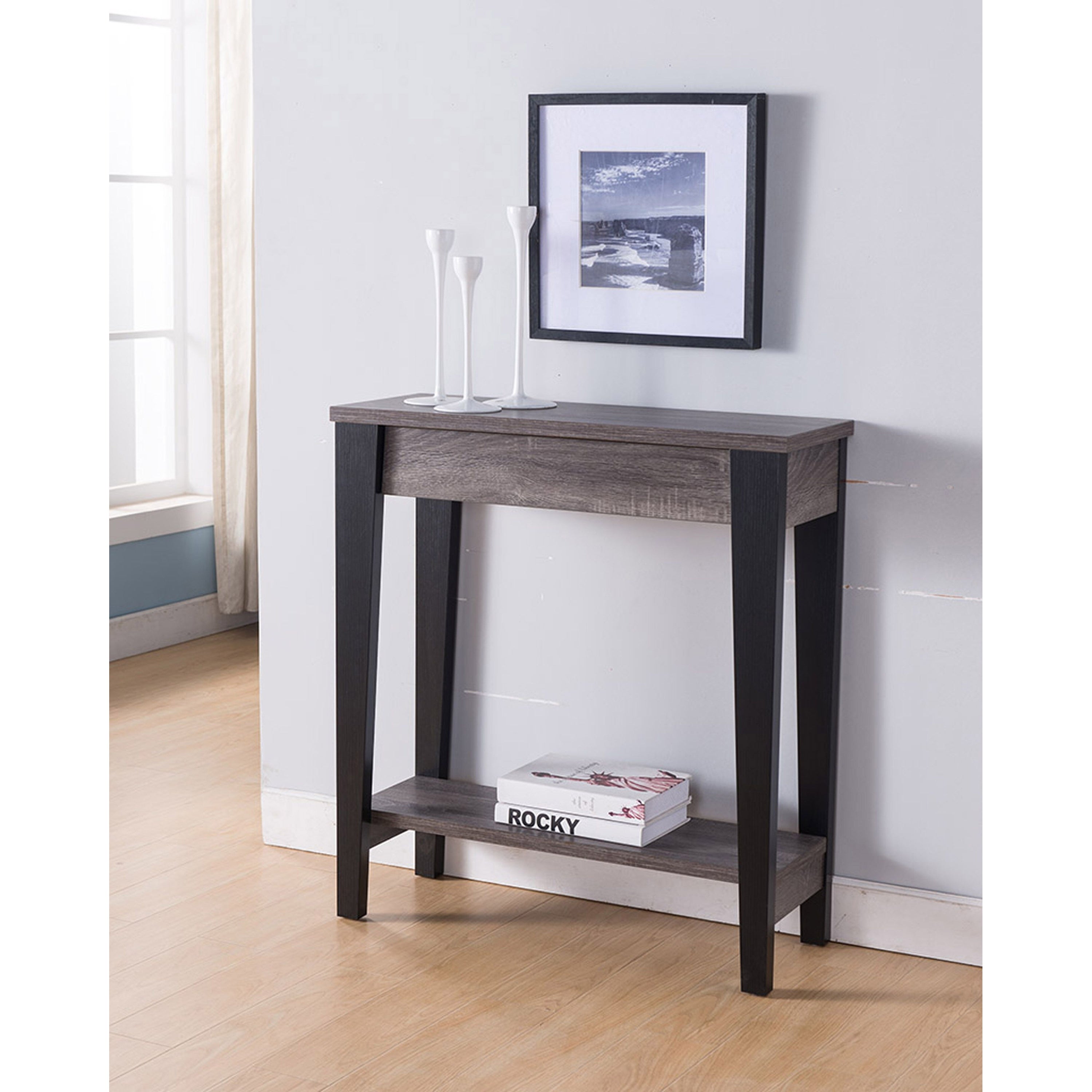 Q-Max Contemporary Two-Tone Console Table With Storage Drawer and Bottom Shelf In Distressed Grey and Black Finish