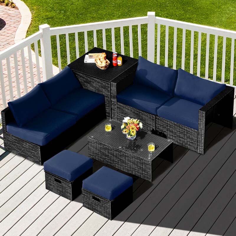 8 Pcs Rattan Wicker Outdoor Patio Furniture Sectional Sofa Set with Storage Box & Waterproof Cover