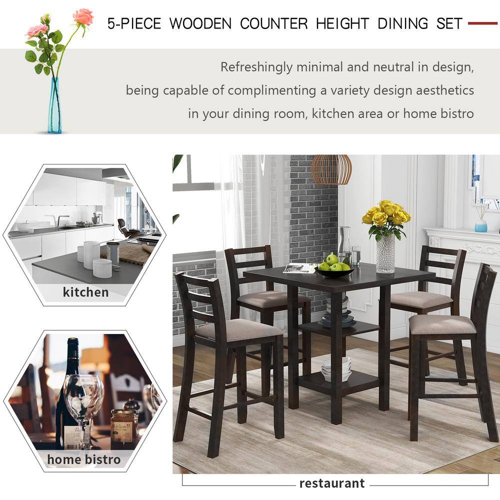 ANBAZAR 5-Piece Espresso Wood Counter Height Dining Table Set 4-Seats Square Table Set with 4 Padded Chairs and 2-Tier Shelves 01668ANNA-P