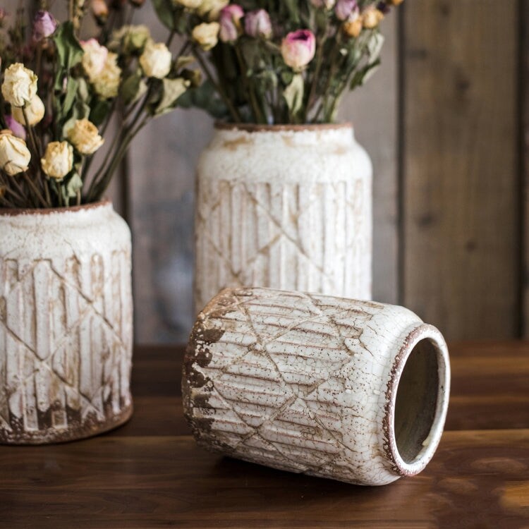 RusticReach Distressed White Ceramic Flower Jar Vase