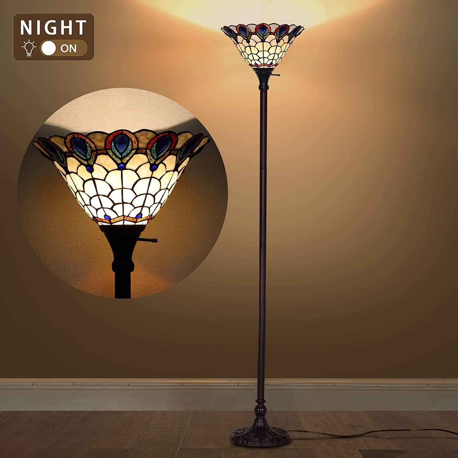 SHADY Tiffany Lamp Floor Lamp Stained Glass Peafowl Bedside Lamp Reading Desk Light for Bedroom Living Room 71\u201DTall 1 PCS LED Bulb(2700K E26) Included Unique Gifts