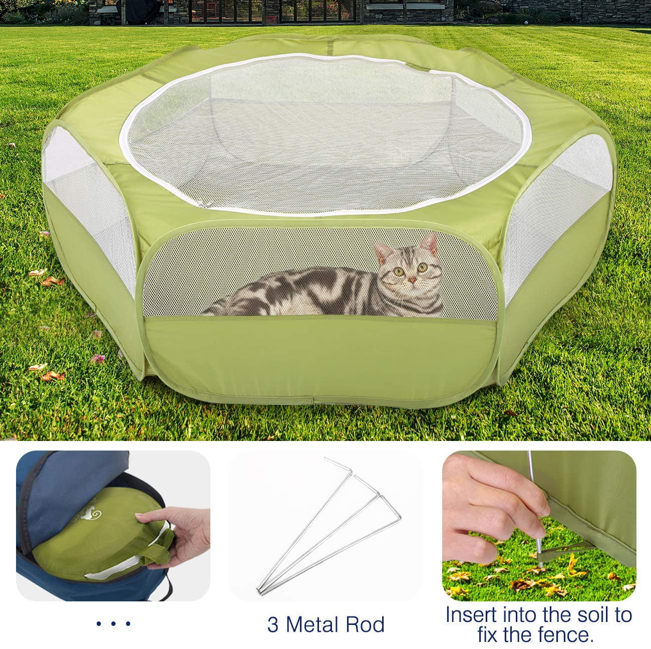 Pawaboo Small Animals Playpen， Waterproof Small Pet Cage Tent with Zippered Cover， Portable Outdoor Yard Fence with 3 Metal Rod for Kitten/Puppy/Guinea Pig/Rabbits/Hamster/Chinchillas， Green