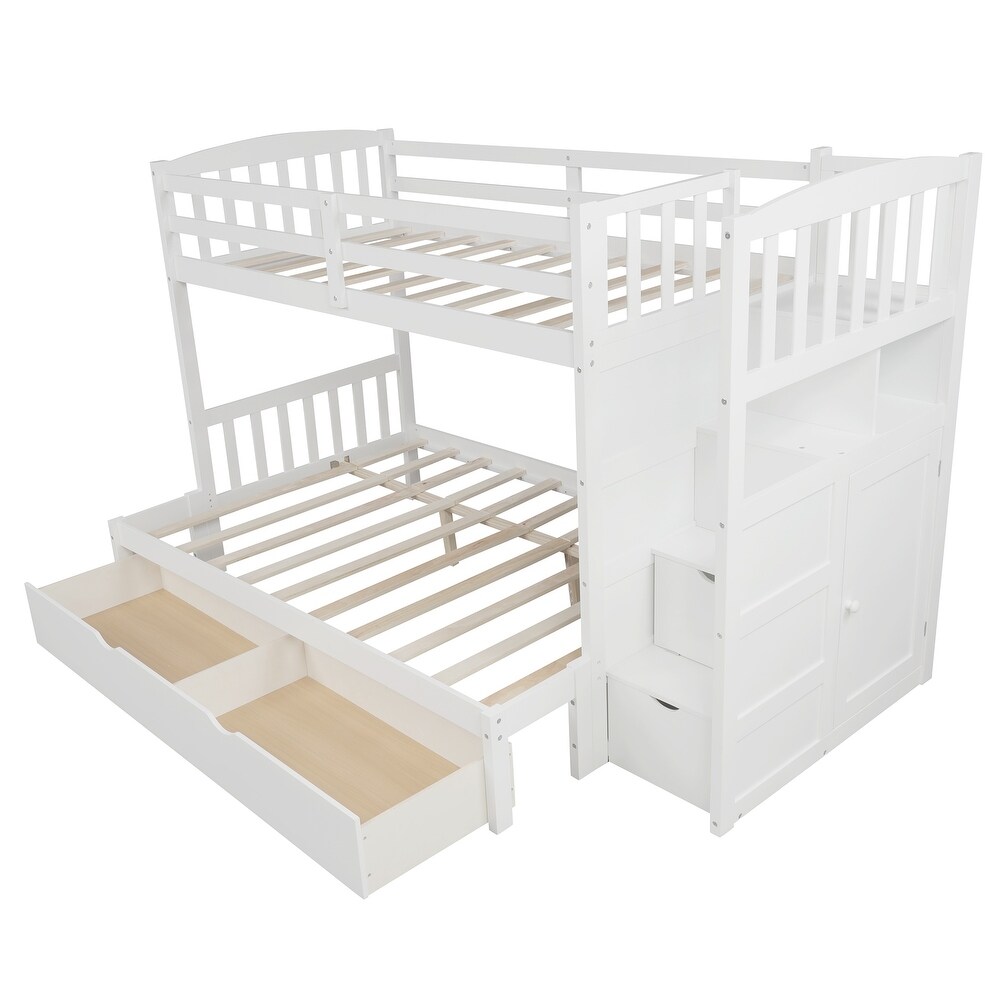 Contemporary Style Twin over Full/Twin Bunk Bed  Convertible Bottom Bed  Storage Shelves and Drawers
