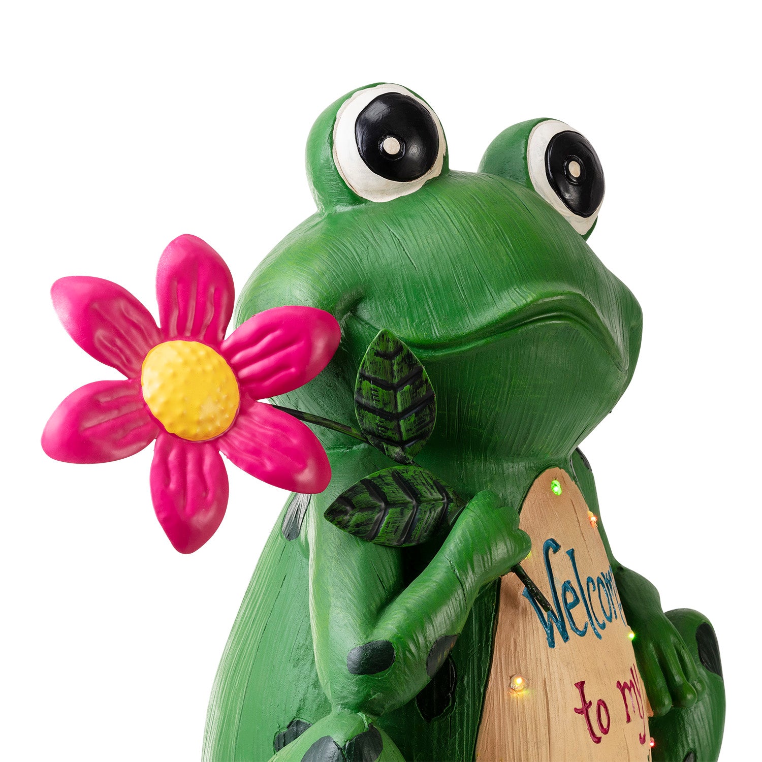 Alpine Corporation 12" x 9" x 18" Polyresin Lighted Welcome Frog Garden Statue, Green/Pink