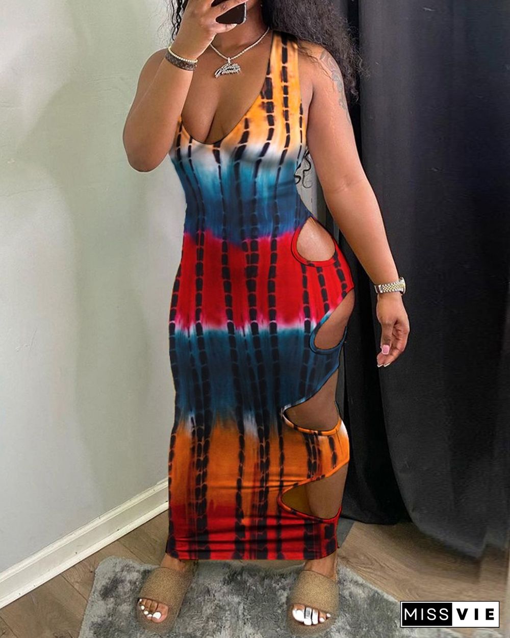 Cutout Tie Dye Print Thick Strap Maxi Dress