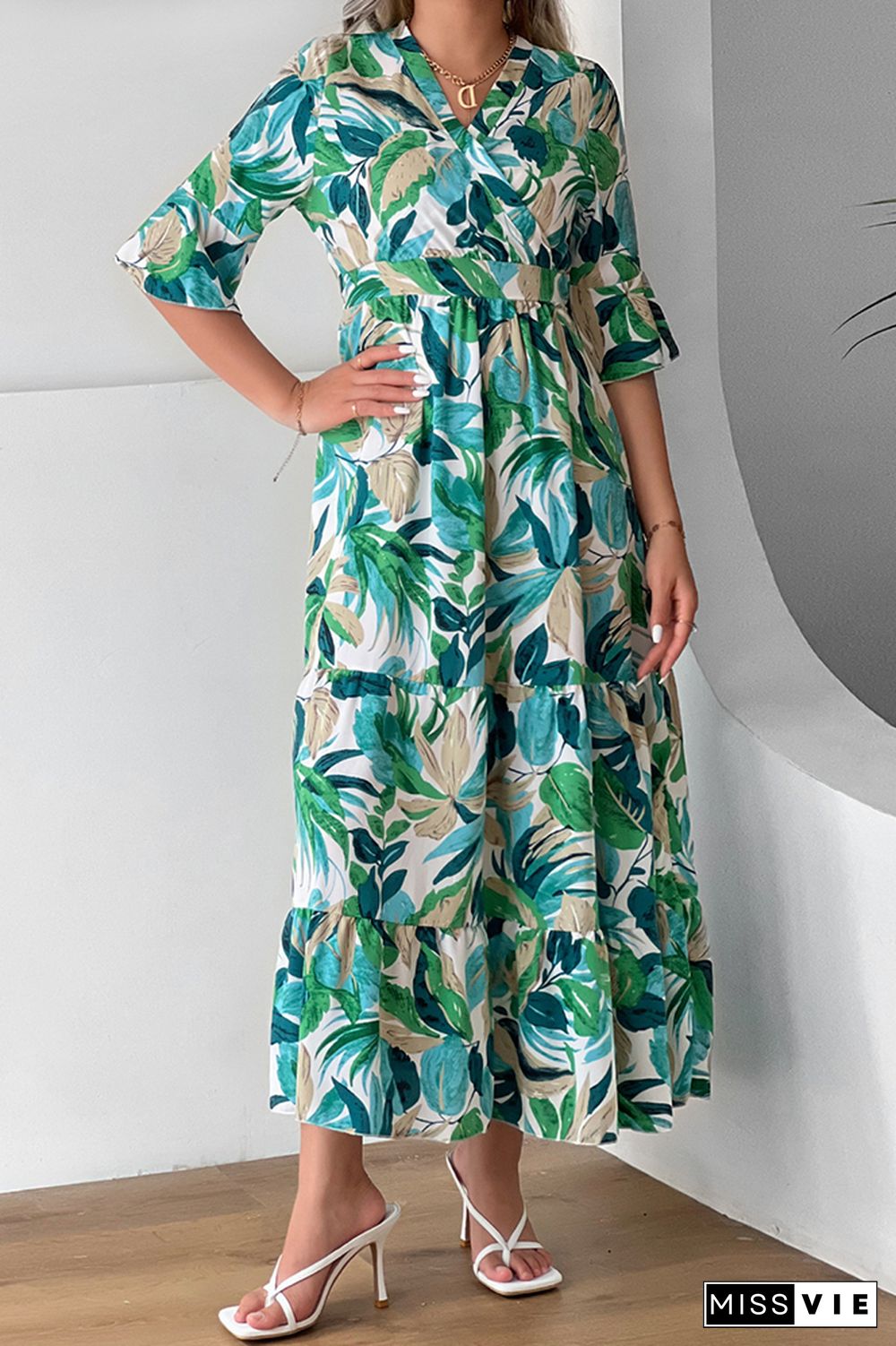 Paisley Floral Print Flare Sleeves Maxi Dress Wholesale