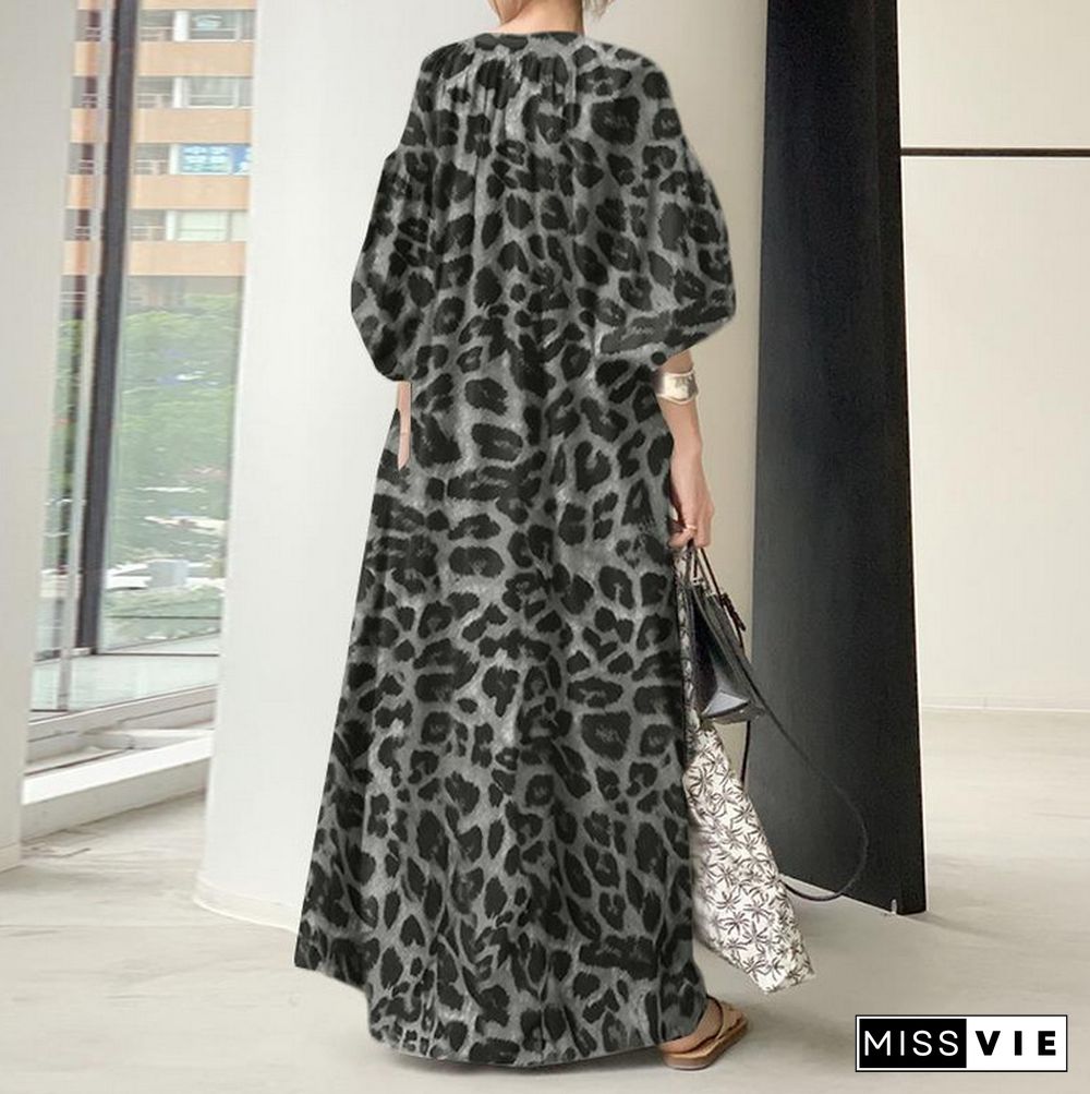 Leopard Print Stand Collar Bubble Sleeve Fashion Loose Casual Shirt Dress Black Dresses