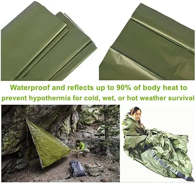 Custom Logo Ultralight Green PE Thermal Mylar Bivy Outdoor Camping Survival Gear Emergency Sleeping Bag with Whistle