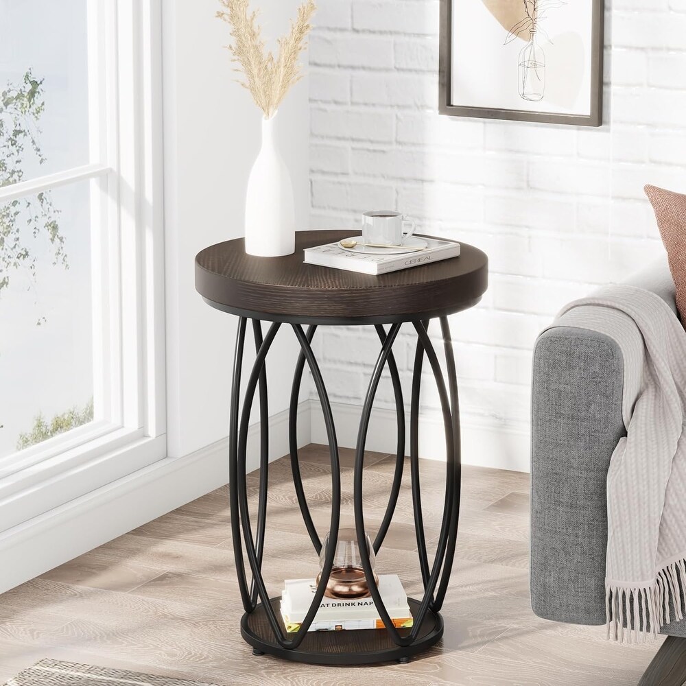 Industrial Round Side Table  Small End Table with Metal Frame