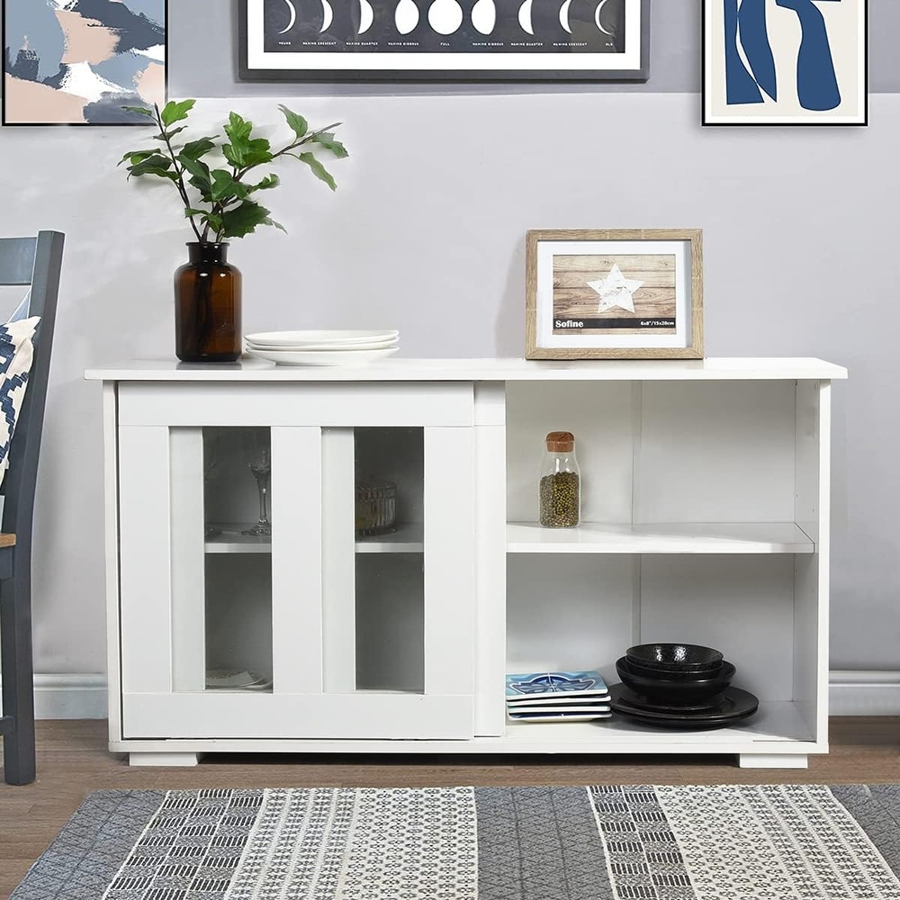 HomyLin White Sideboard Buffet Cabinet with Tempered Glass Doors