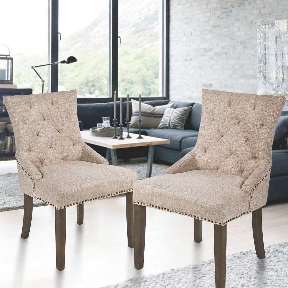 Tufted High Back Padded Chairs Dining Chair Set with Armrest(Set of 2)  Beige