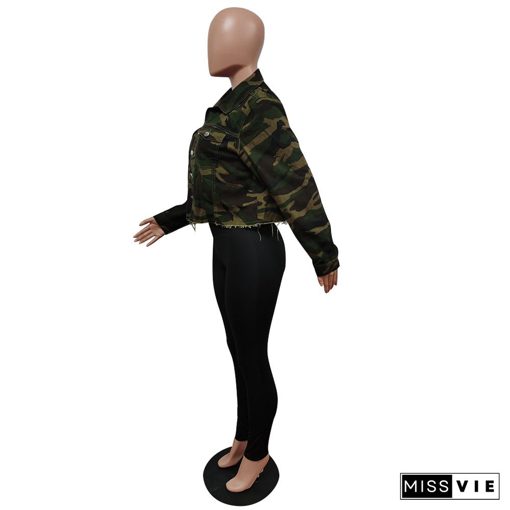 Camouflage Single-breasted Cropped Denim Jackets