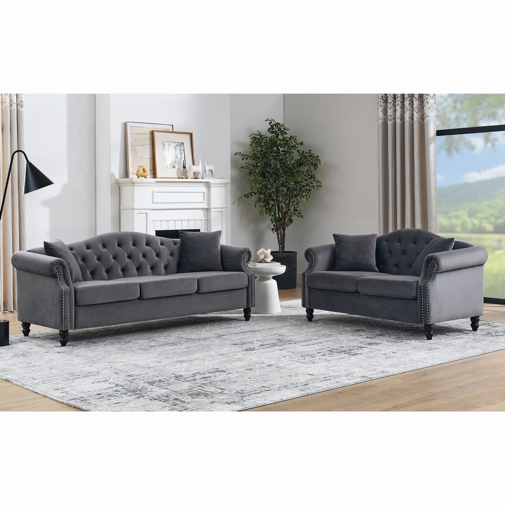 Classic Chesterfield Velvet Sofa Set with Pillows (3 Seater + Loveseat)