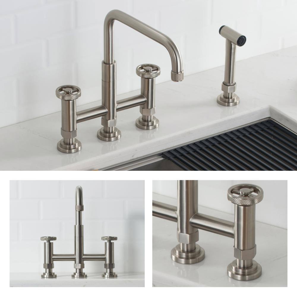 KRAUS Urbix Double Handle Industrial Bridge Kitchen Faucet with Side Sprayer in Spot Free Stainless Steel KPF-3125SFS