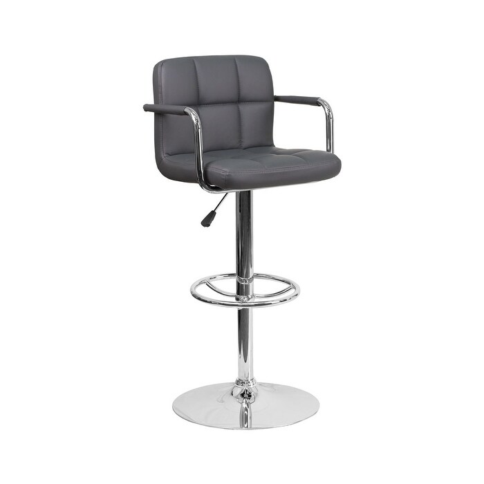 Offex Contemporary Gray Quilted Vinyl Adjustable Height Barstool with Arms and Chrome Base