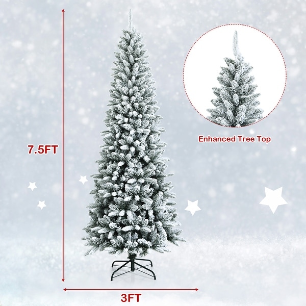 7.5FT Slim Snow Flocked Christmas Tree Hinged Pencil Tree with Stand