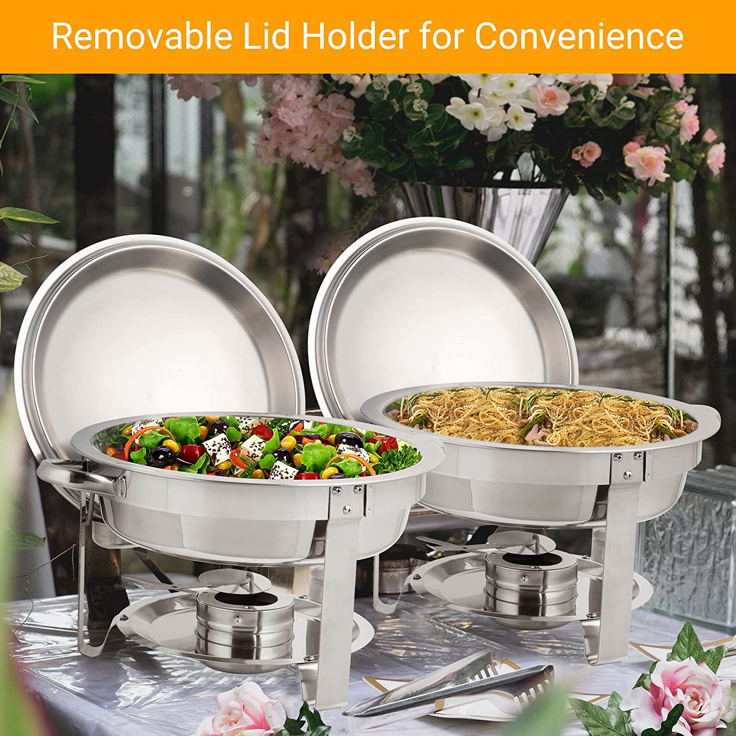 ROVSUN 5 Qt 2 Packs Stainless Steel Round Chafing Dish Buffet Set with Lid Holder