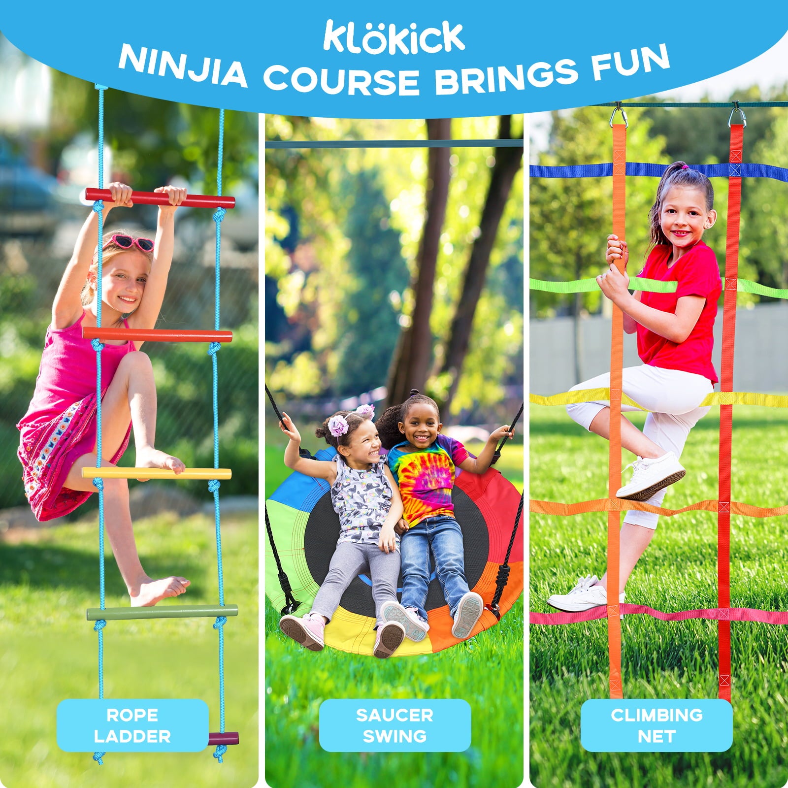 Jugader 50ft Ninja Warrior Hanging Obstacle Course Slackline Monkey Bars with Saucer Tree Swing Seat