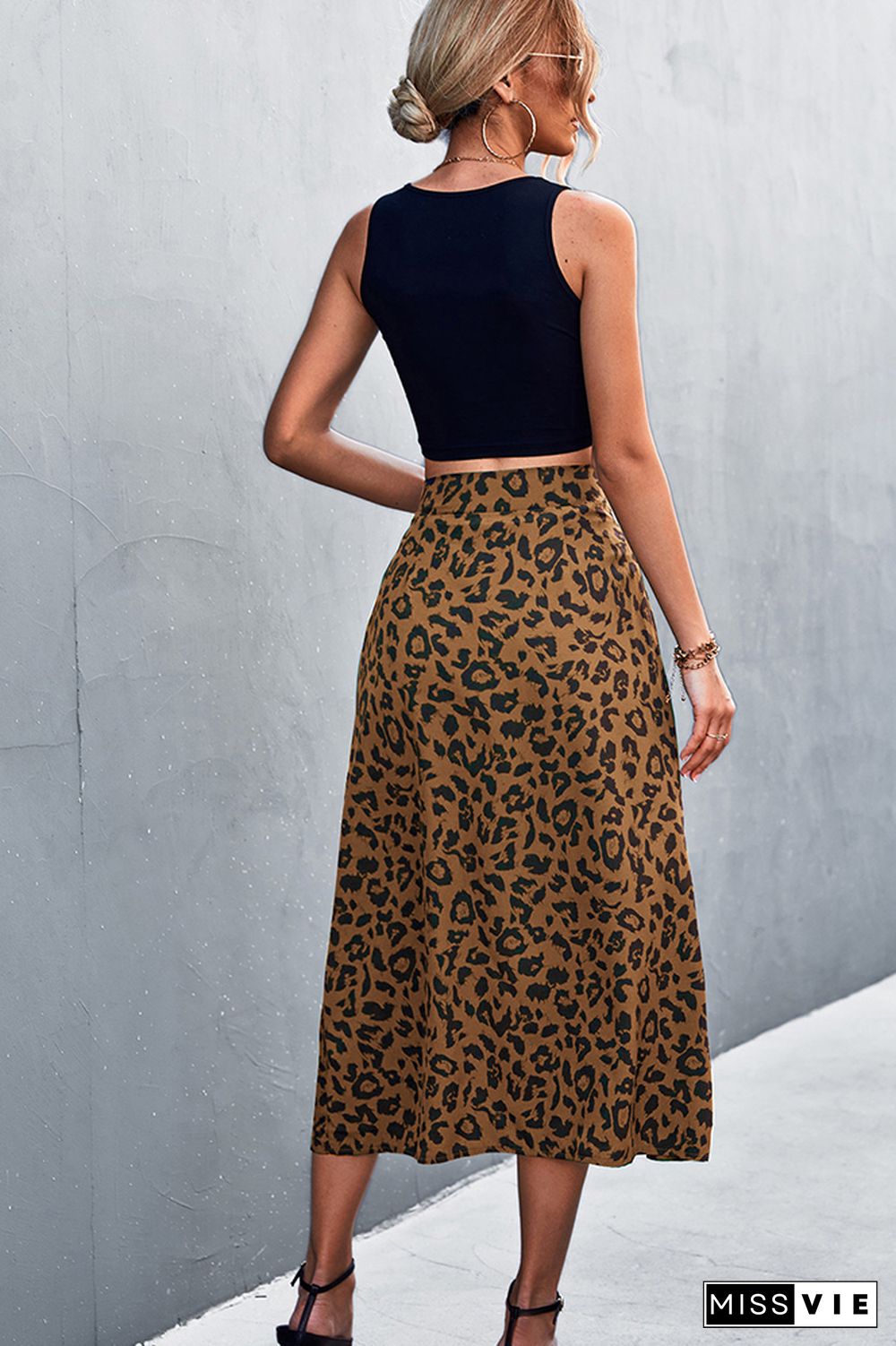 High Waist Leopard Print Split Skirt Wholesale