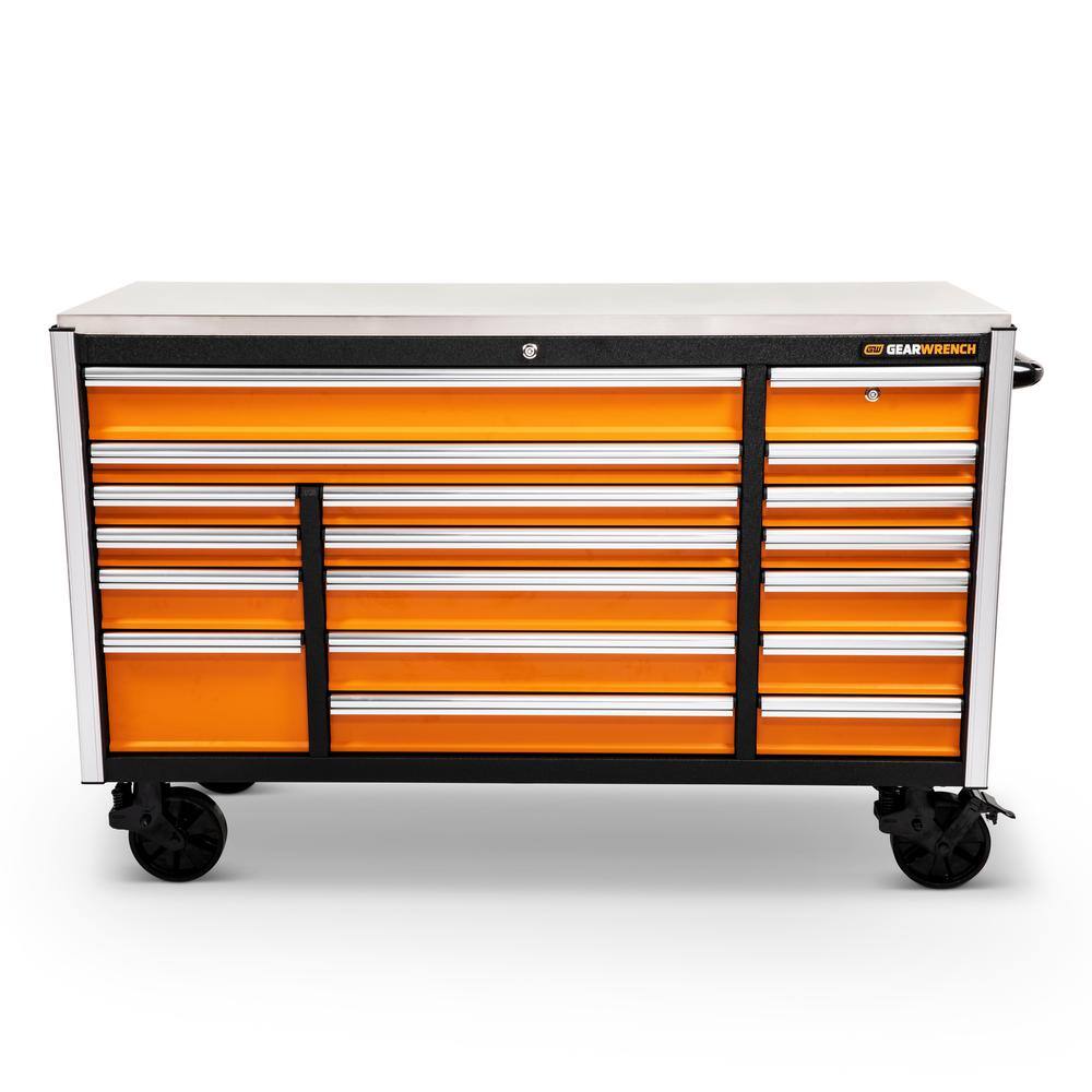 GEARWRENCH GSX 72 in. x 25 in. 18-Drawer Orange and Black Rolling Mobile Workbench Cabinet with Stainless Steel Worktop 83249