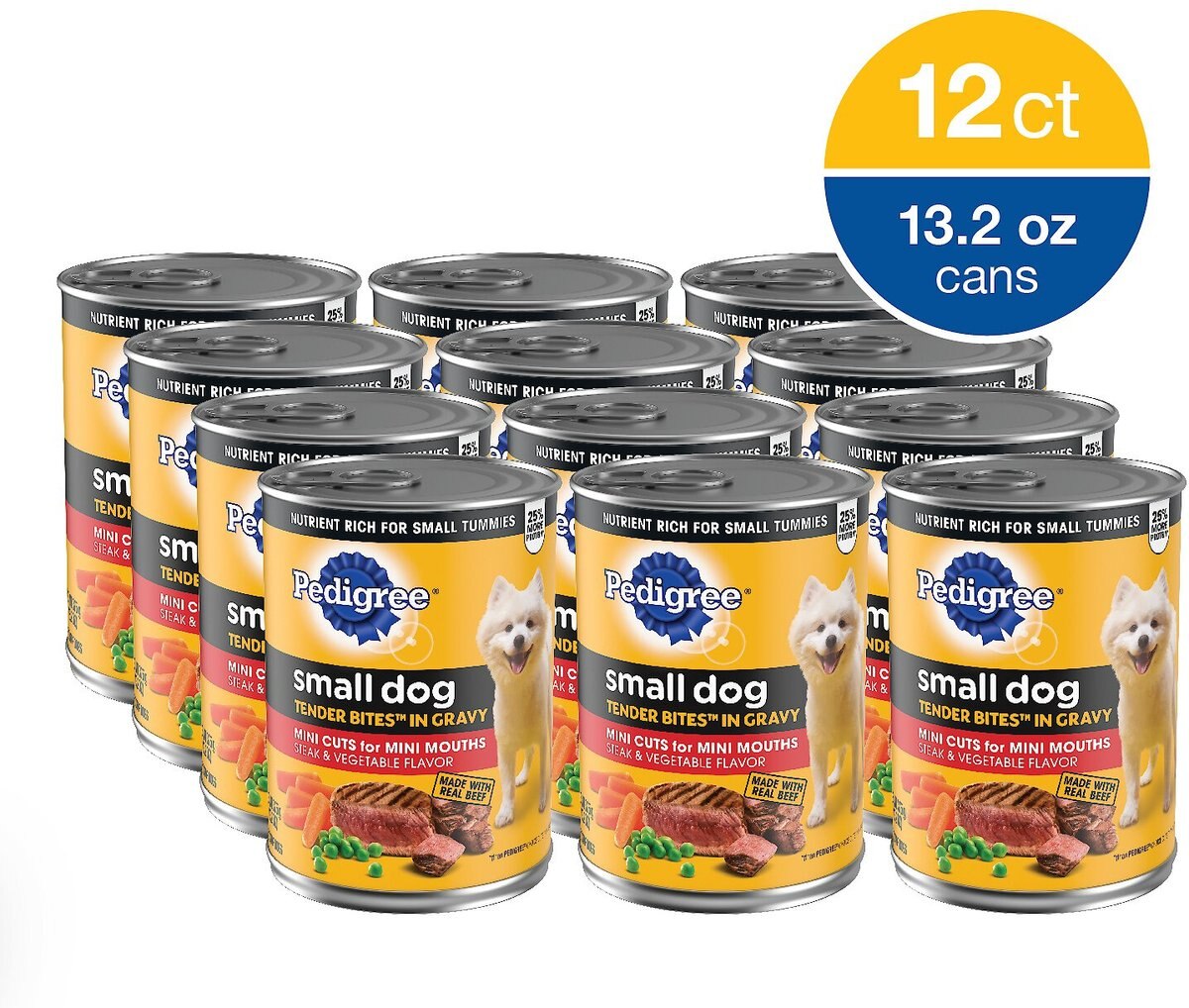 Pedigree Tender Bites in Gravy， Steak and Vegetable Flavor Canned Wet Dog Food， 13.2-oz can， case of 12