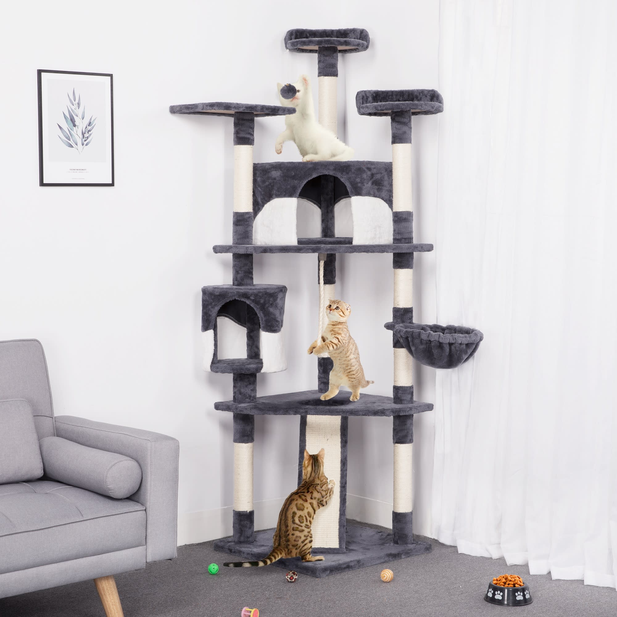 TOPEAKMART Dark Gray/White Large Cat Tree Tower， 79